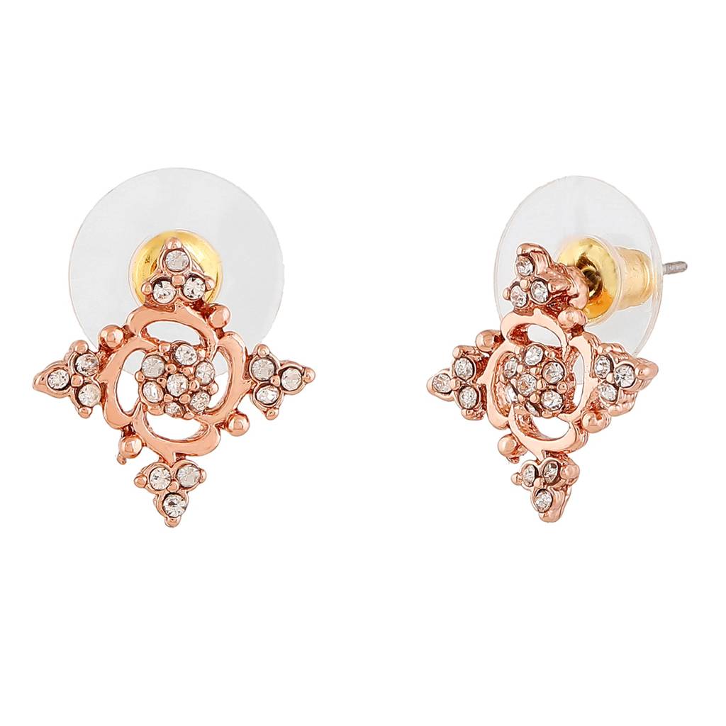 Estele Rosegold Plated Flower Designer Stud Earrings With Austrian Crystals For Women : 602709-RGER