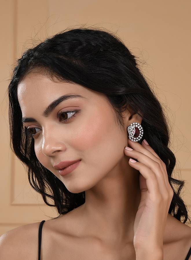 Sparkling Elegance Red Leaf Shaped Cz Studded Earings-Prbom20111 : 8905124499568