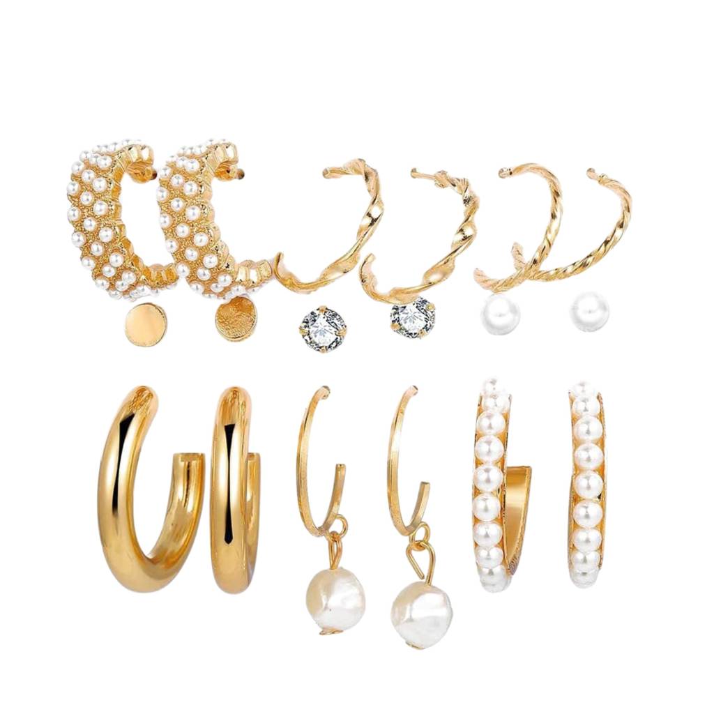 Set Of 9 Gold Chunky Real Freshwater Pearl Hoops And Studs : EC90099A