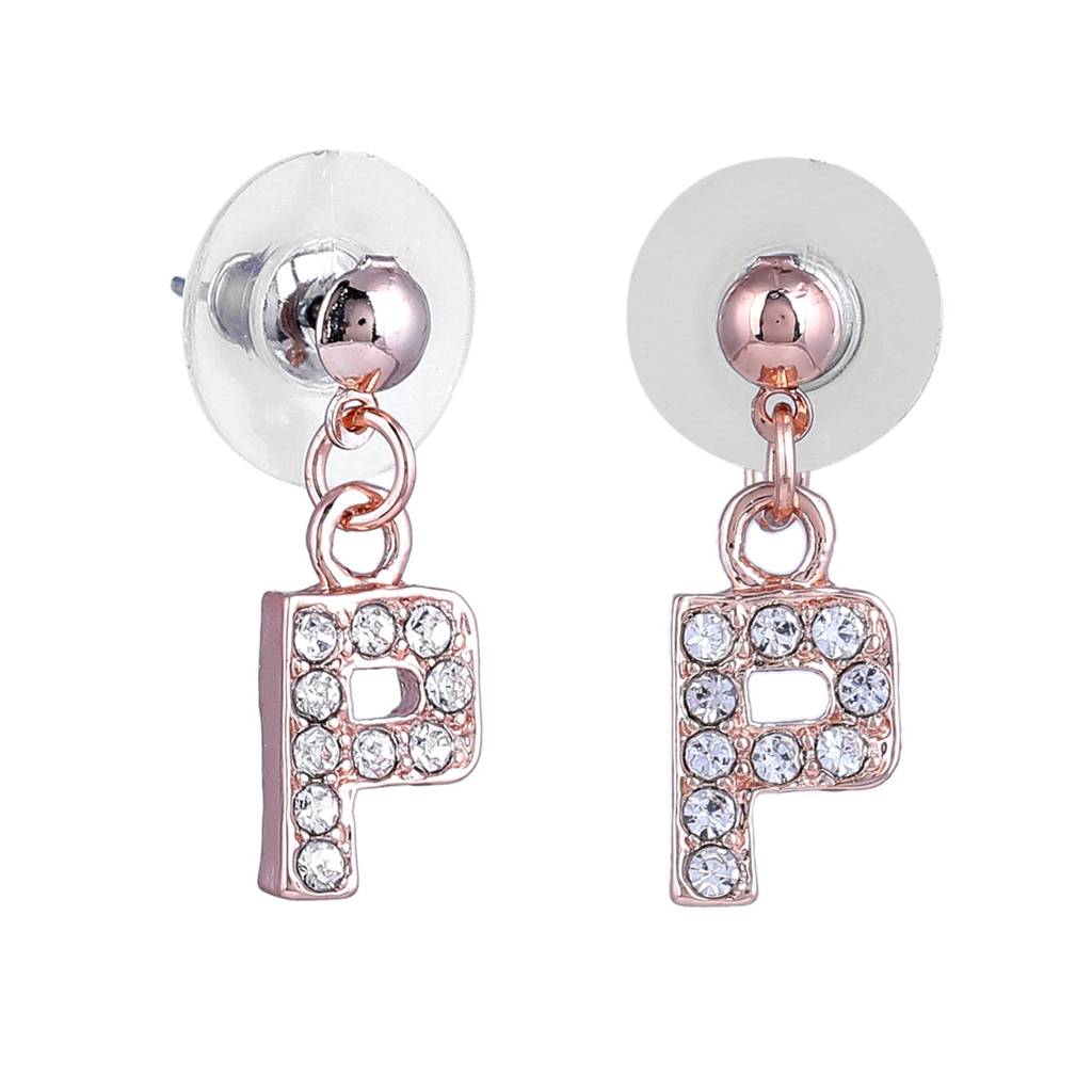 Estele Rosegold Plated Magnificent Medium 'P' Letter Earrings With Crystals For Women : 801701-RG-PER