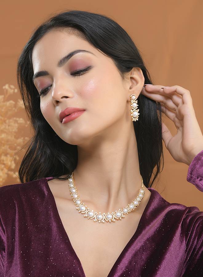 Sparkling Elegance Pearl Elegance American Diamond Necklace Set : 8905124527285