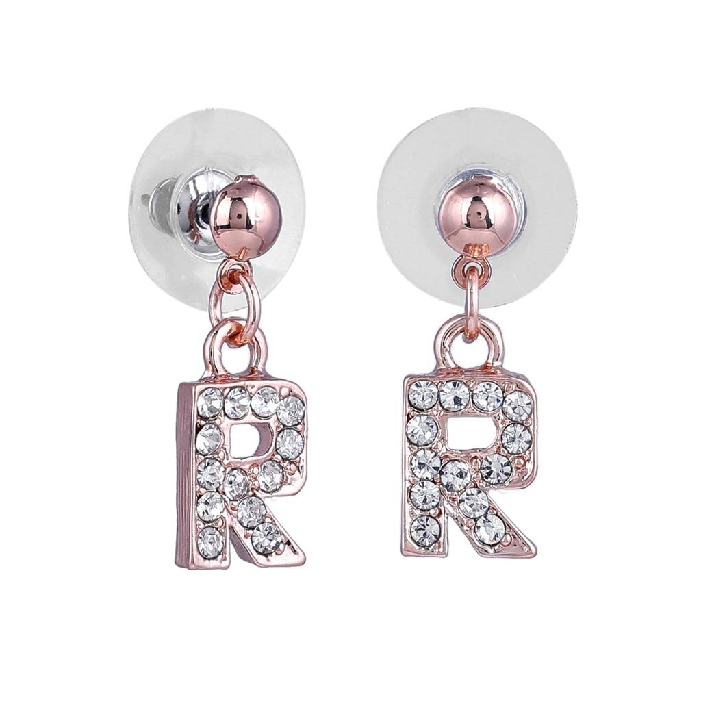 Estele Rosegold Plated Magnificent Medium 'R' Letter Earrings With Crystals For Women : 801701-RG-RER