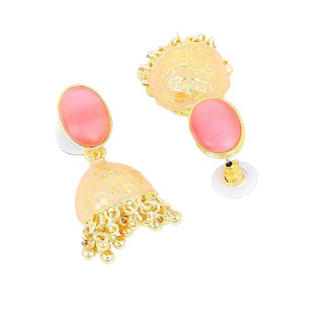 Estele Gold Plated Traditional Gehena Jhumka Earrings With Mint Pink Eanamel For Women : PJ-002-IGMPER
