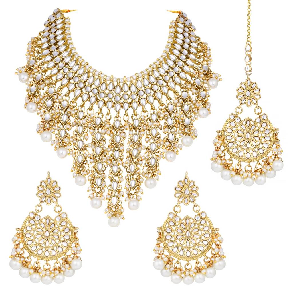 Traditional Kundan & Pearl Drop Bridal Dulhan Necklace Earring With Maang Tikka Jewellery Set For Women Girls-Pf2 : PF25N1177W