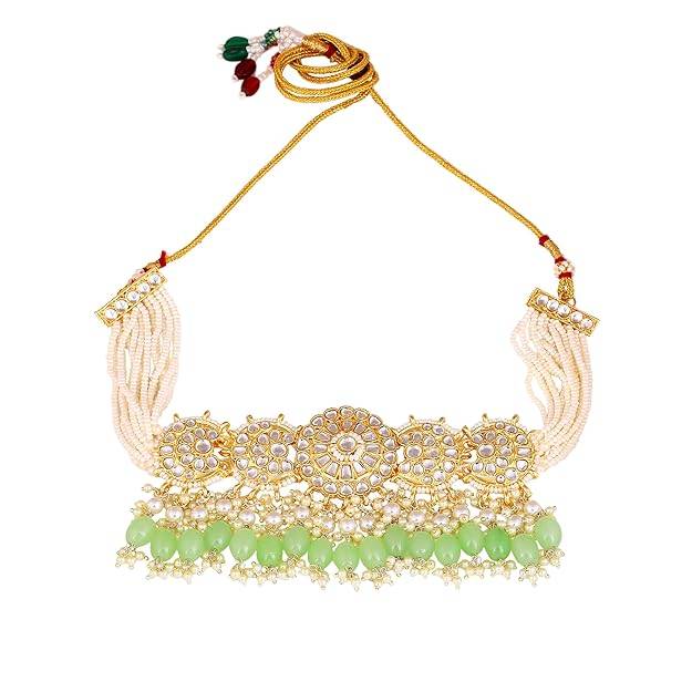 Estele Gold Plated Splendid Gehena Necklace Set & Maang Tikka With Mint Green Beads For Women : PJ-041-IGMGNKERTK