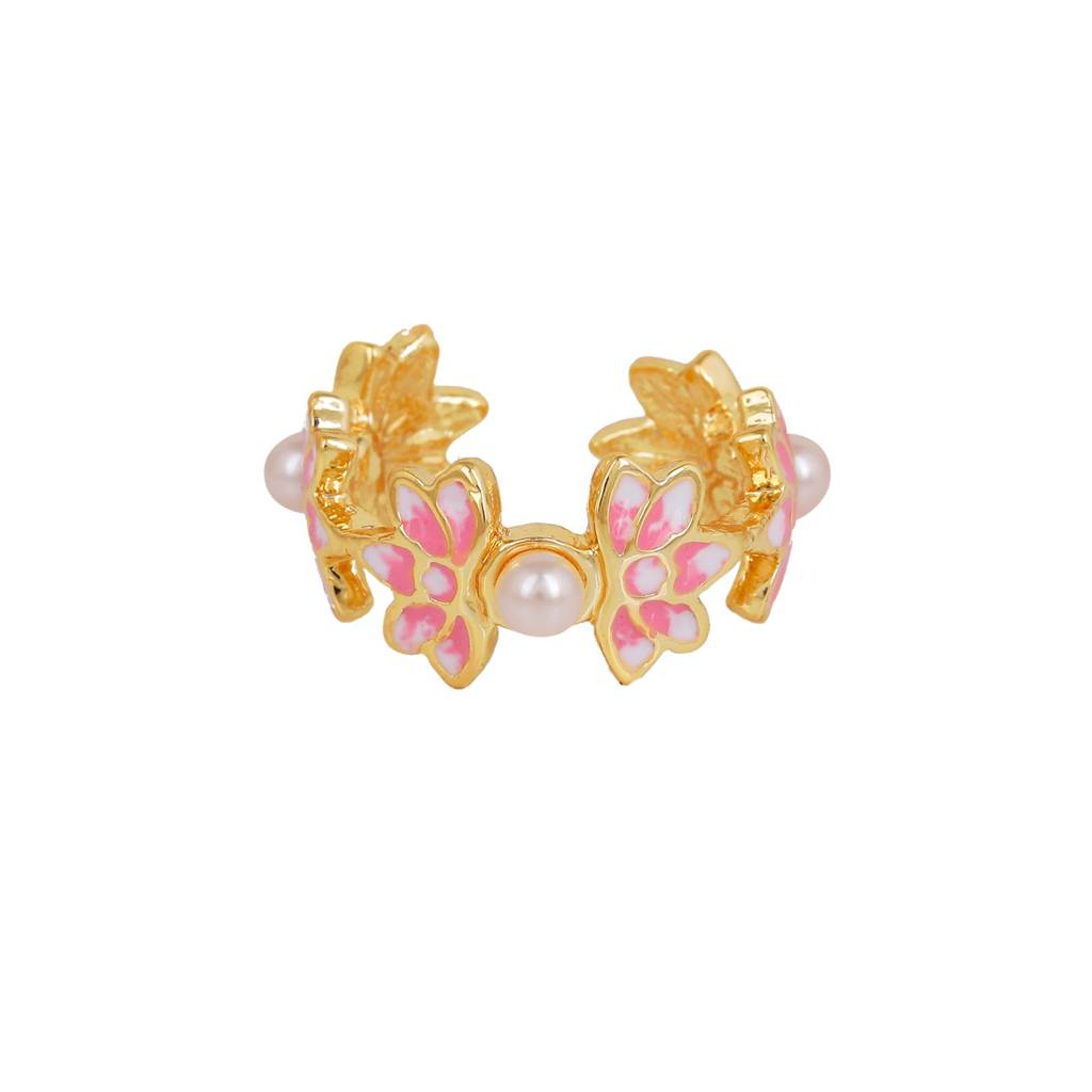 Estele Gold Plated Pink Enamel Lotus Designer Adjustable Finger Ring With Pearls For Girl'S & Womens : AD-137-IGRING