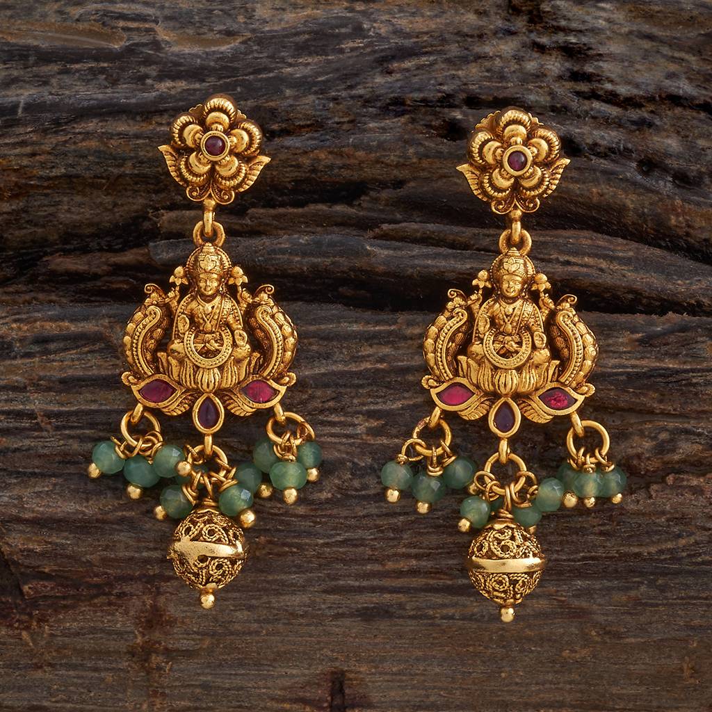 Kushal'S Fashion Jewellery Ruby-Green Gold-Plated Ethnic Antique Earring Drop Earrings-181350 : 433536