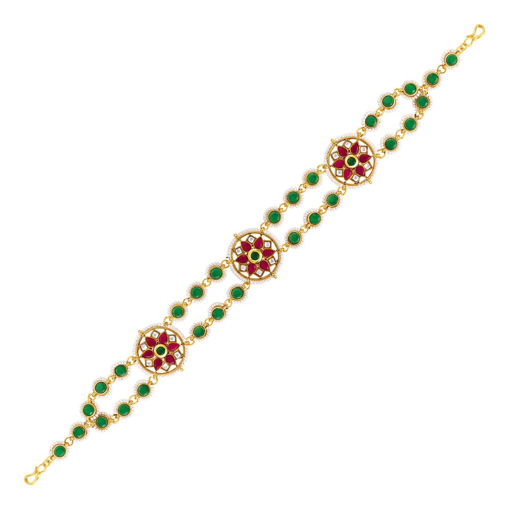 Gold Plated Rani Pink Green Synthetic Stone & Beads Studded Sheeshphool Matha Patti Sheeshpatti Hair Ethnic Jewe : PF104T05RPG