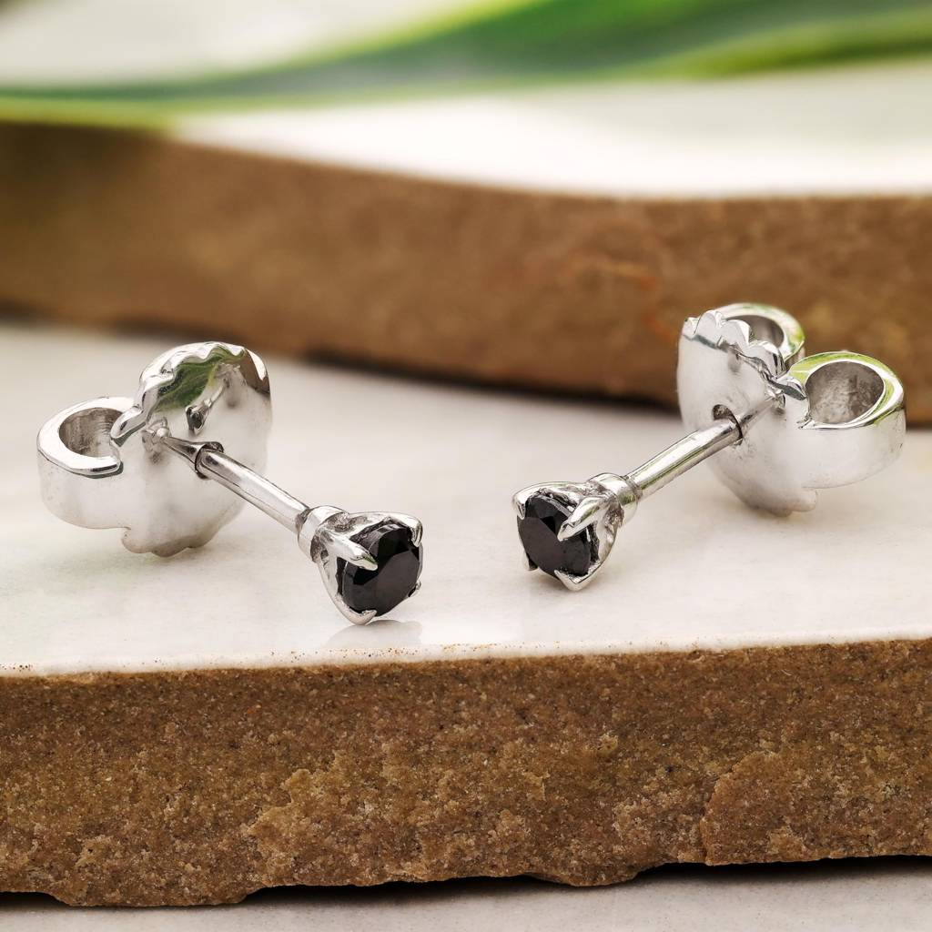 925 Silver Black Diamond Studs | Dainty Dark Stone Gift : SE_000791