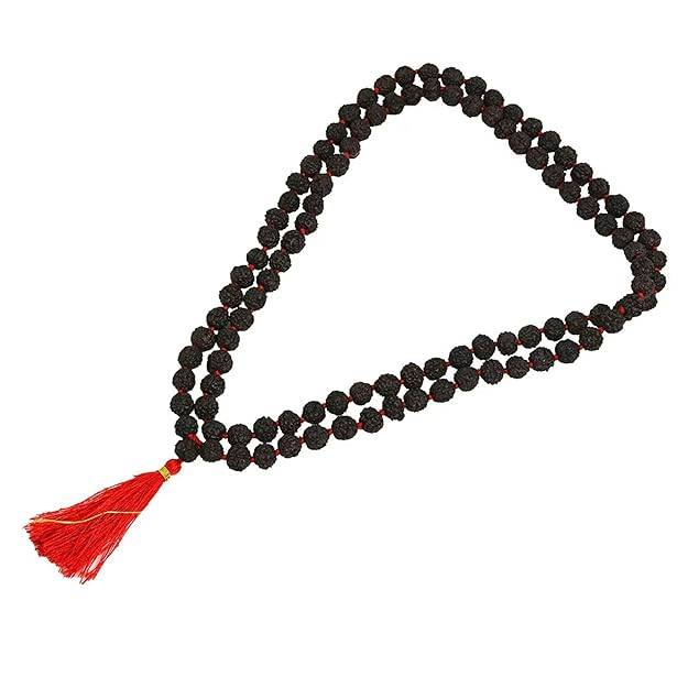 Traditional Rudraksha Mala With Red Tassel For Meditation, Puja & Spiritual Wear : OSAK016-BKCHAIN
