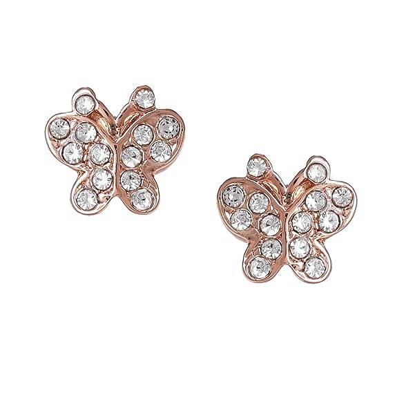 Rosegold Plated Dazzling White Crystals Enhanced Simple Butterfly Design Stud Earrings For Girls : 346703-RGER