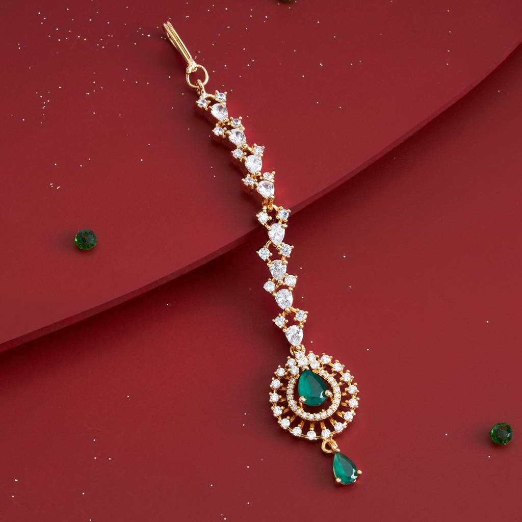 Green Gold-Plated Party Zircon Maang Tikka  -436505 : 436505