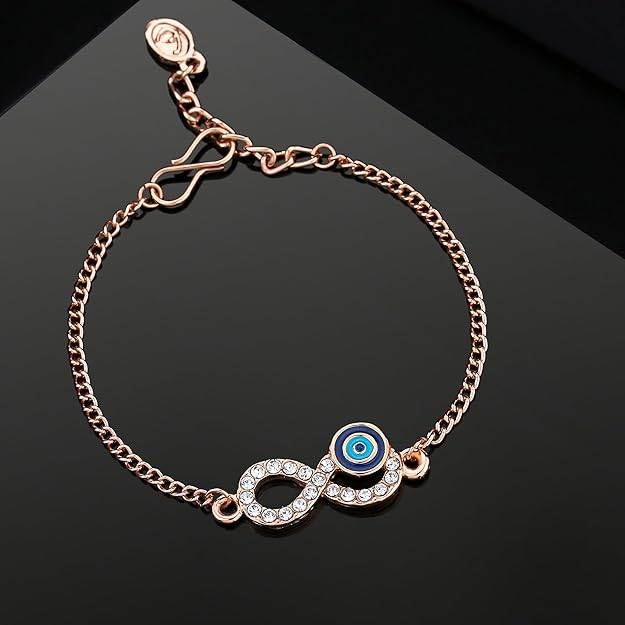 Estele Rosegold Plated  Navy Blue Evil Eye Infinity Charm Bracelet With Austrian Crystals For Women : 102172-RGNBTQBR