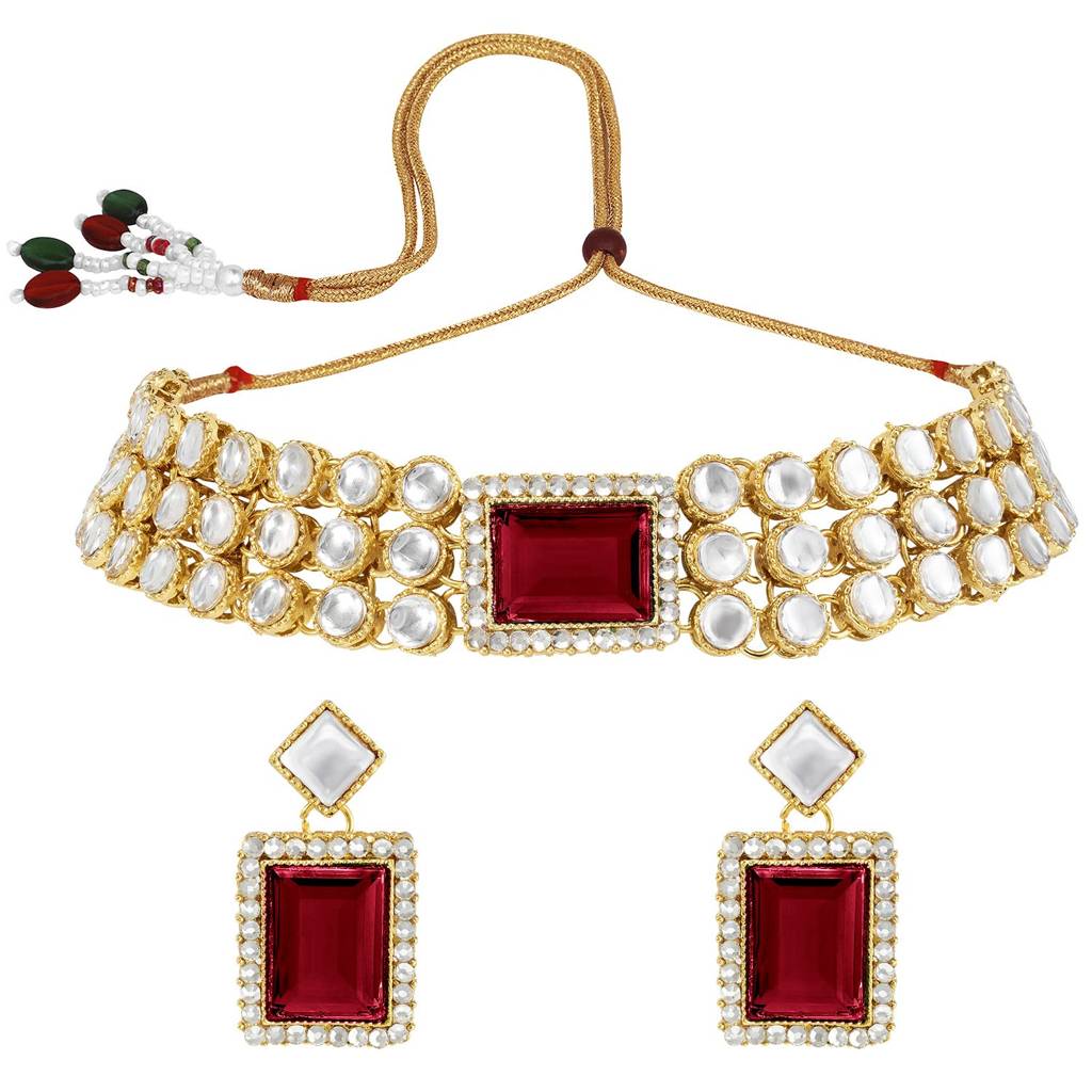Gold Plated Kundan/Crystal Choker Necklace Earring Indian Traditional Jewellery Set For Women-Pf24N37 : PF24N37M