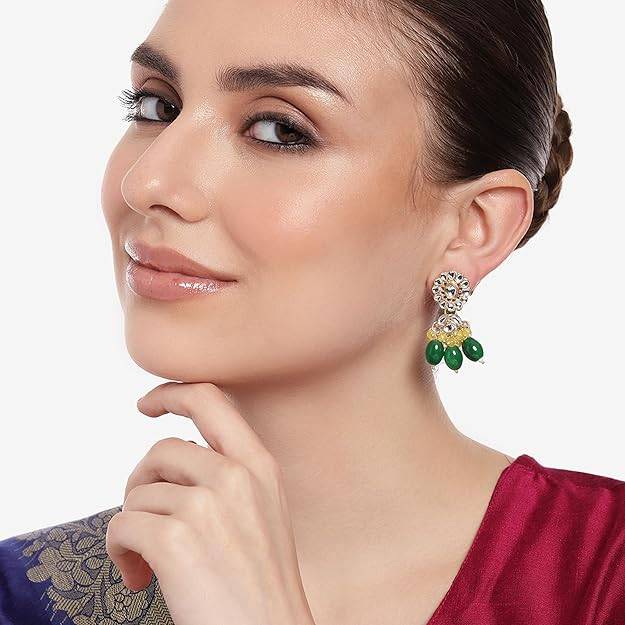 Estele Gold Plated Flower Designer Gehena Drop Earrings With Yellow & Green Bead For Women : PJ-003-IGYLGNER