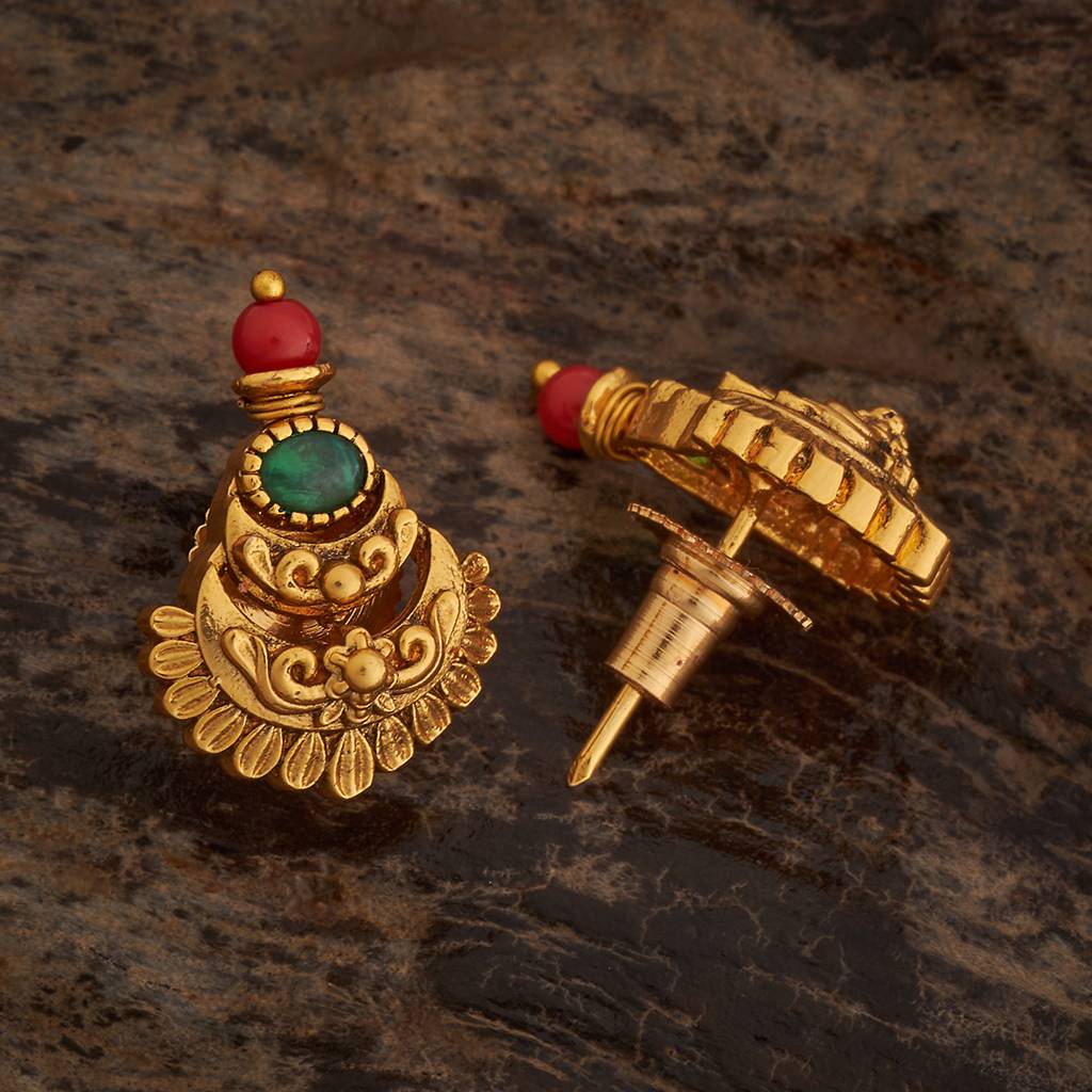 Kushal'S Fashion Jewellery Green Gold-Plated Ethnic Antique Studs-436317 : 436317