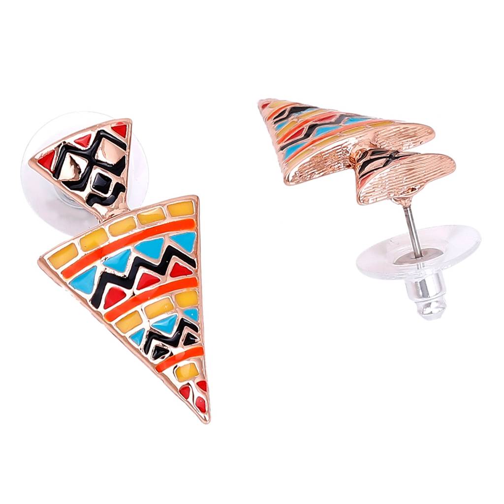 Estele Rosegold Plated Triangular Stud Earrings With Multicolor Enamel For Women : 605704-RGER