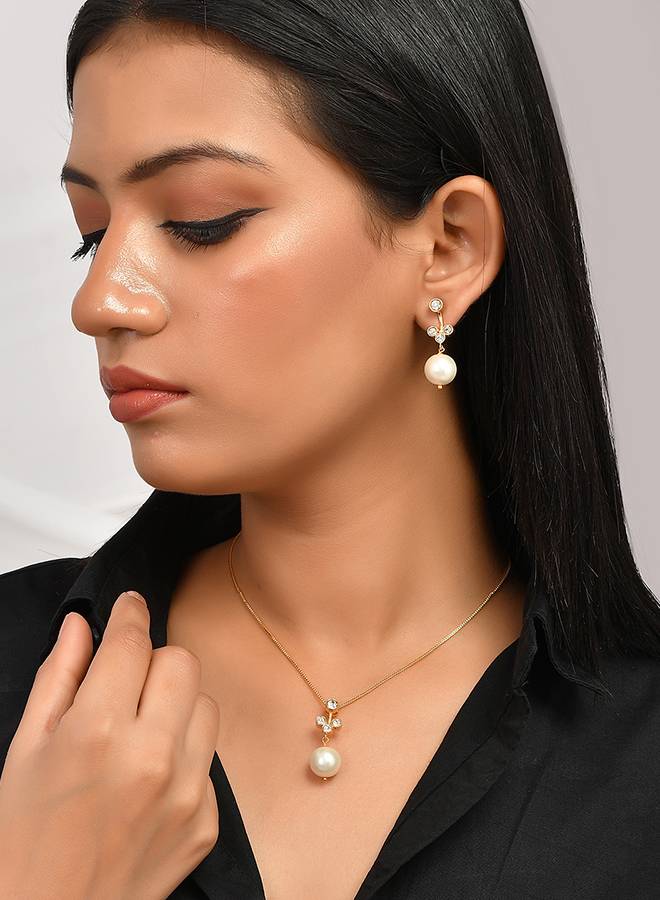 Mothers Day Pearl Drop And Cz Studded Pendant With Jacket Earrings : 8905124502046