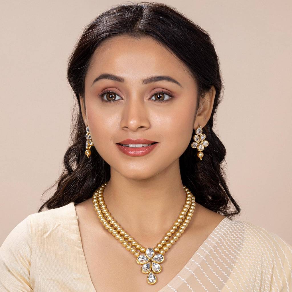 Crystal Faux Pearl Long Necklace With Drop Earrings Traditional Ethnic Jewellery Set For Women Girls-Pf24N184 : PF24N184LCT