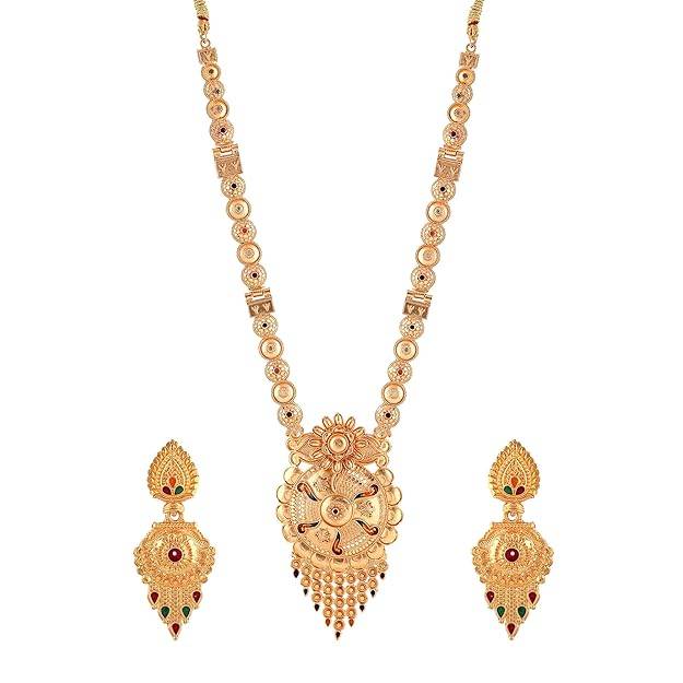 Gold Finish Temple Necklace Set With Intricate Pendant & Earrings For Bridal Wear : OSAK002-IGMCNKER