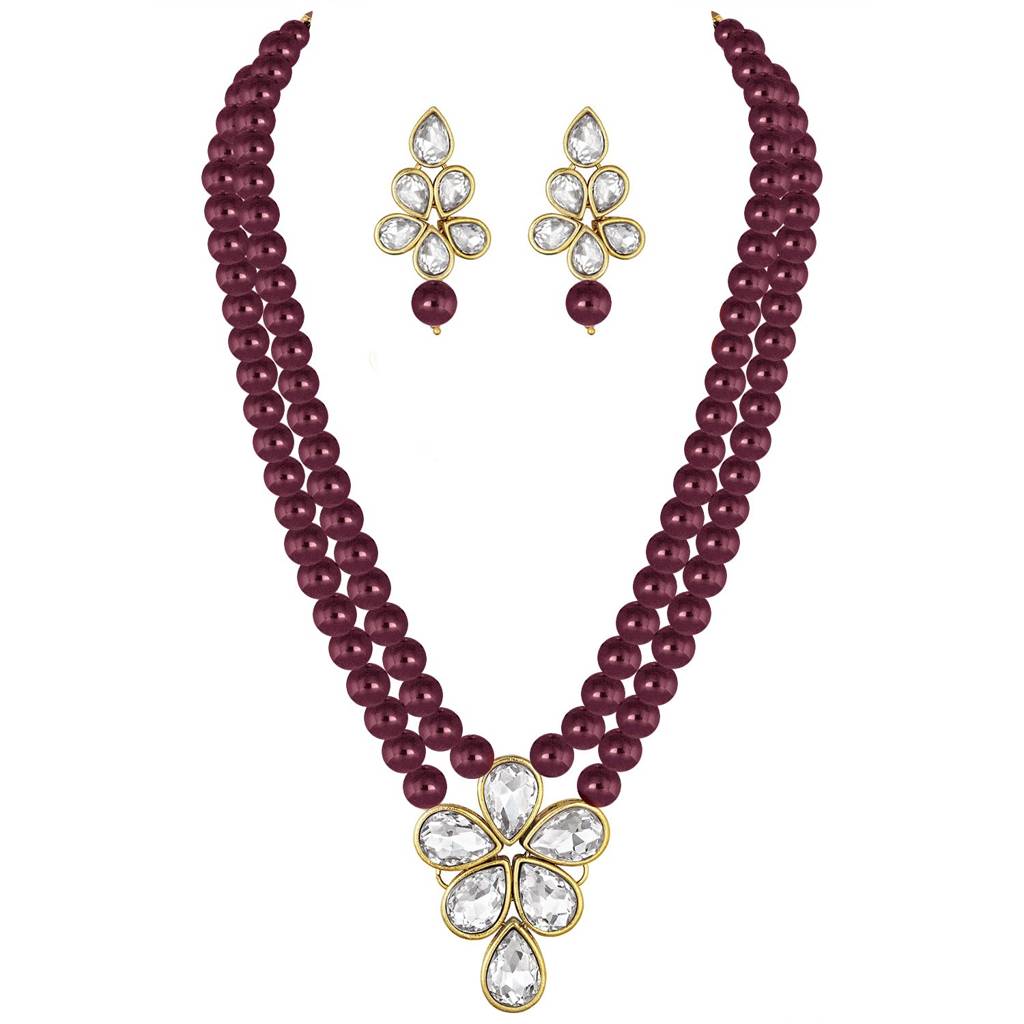 Crystal Faux Pearl Long Necklace With Drop Earrings Traditional Ethnic Jewellery Set For Women Girls-Pf24N184 : PF24N184M