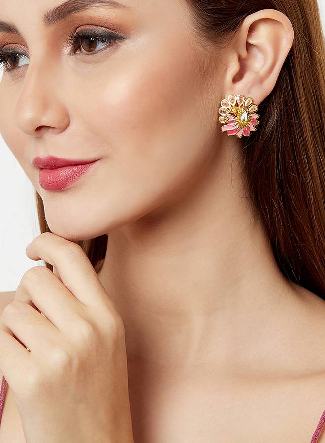 Shwet Kamal Faux Kundan Pink Enamel Peacock Motif Gold Plated Stud Earrings : 8905124444704