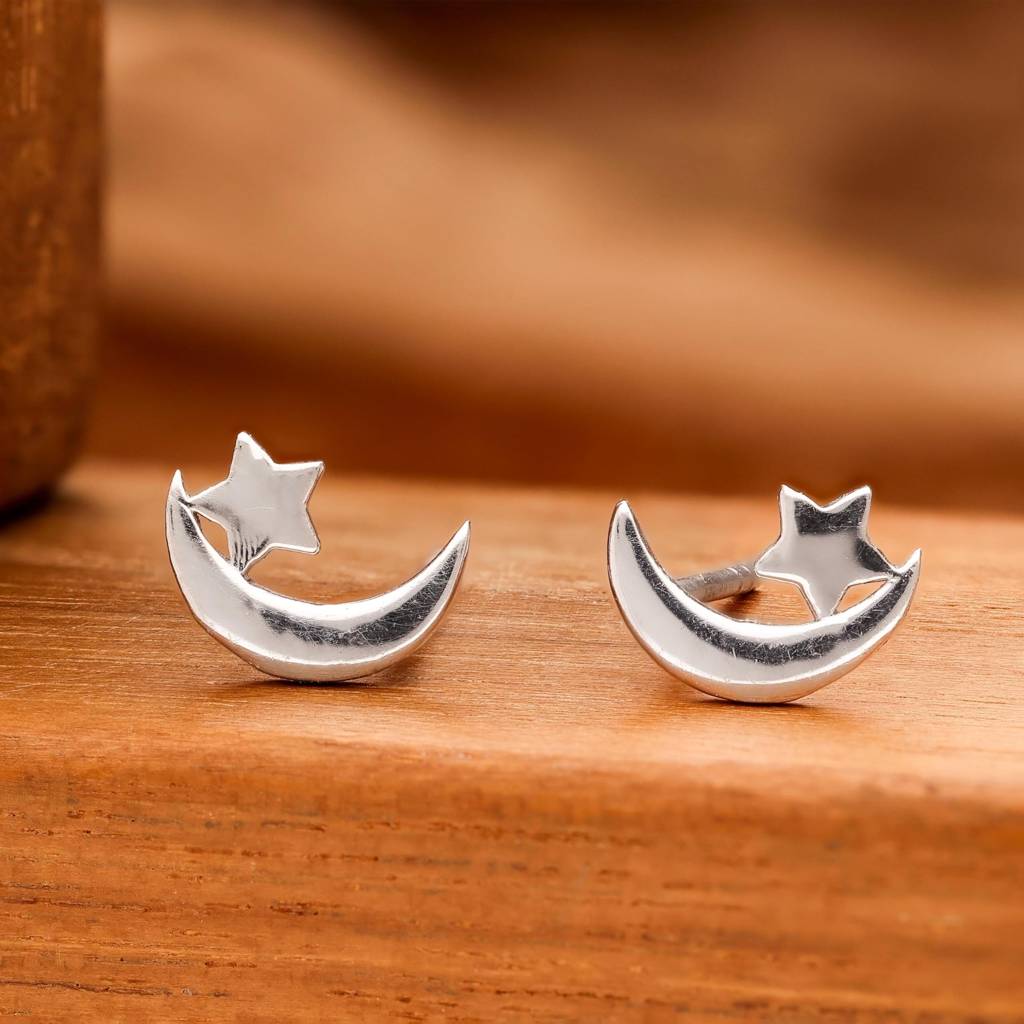 925 Silver Moon & Star Stud Earrings Gold & Silver Finish Celestial  Jewelry : SE_000873