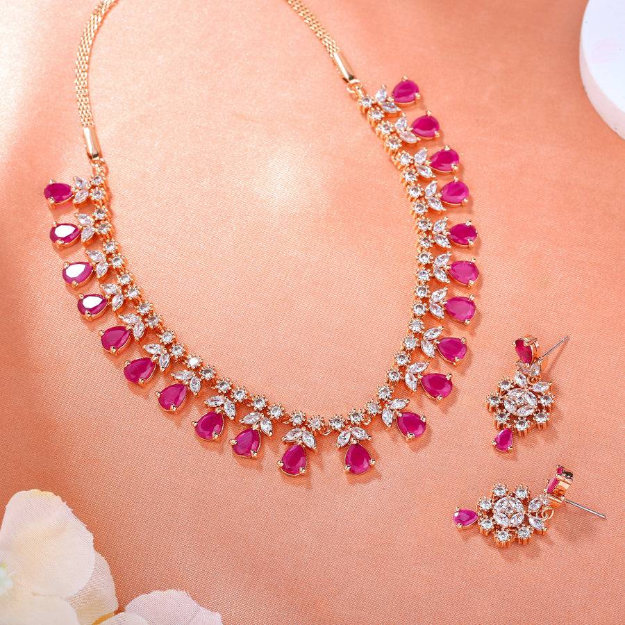 Estele Rose Gold Plated Cz Sparkling Necklace Set With Ruby & White Crystals For Women : AD-708-RG-RBNKER