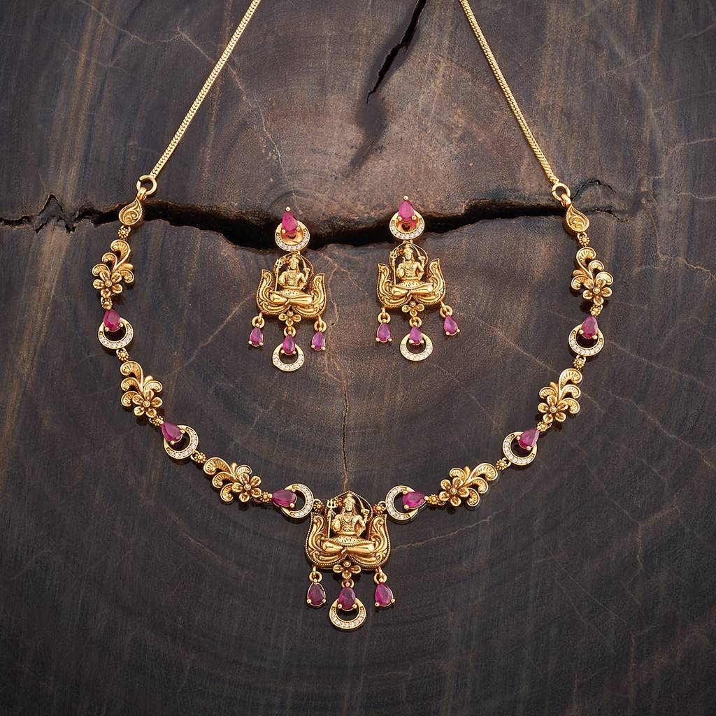 Kushal'S Fashion Jewellery Gold Plated Ruby & Cz Studded Antique Jewellery Set : 427753
