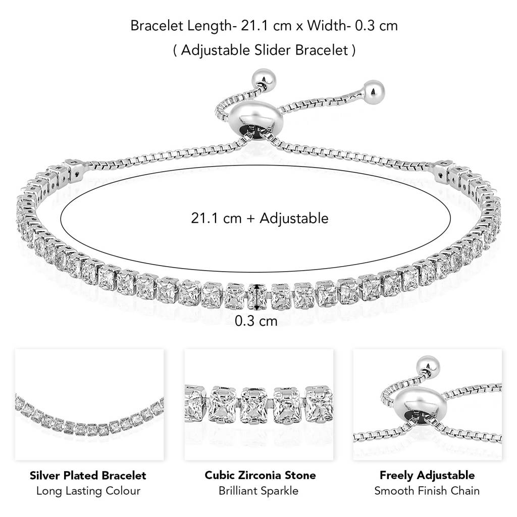 Silver Plated Cubic Zirconia Studded Adjustable Fancy Tennis Bracelet Contemporary Jewellery For Women Girls : PX8B84S