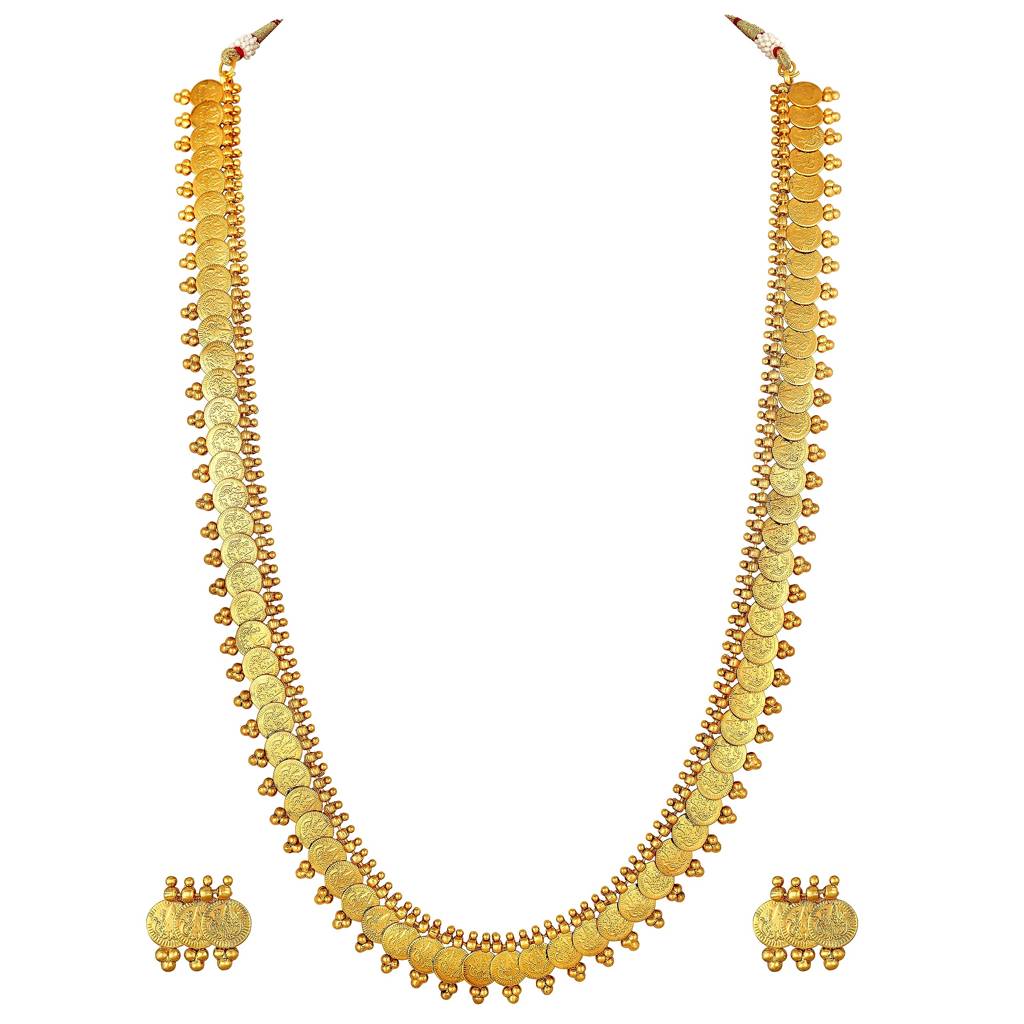 Gold Plated South Indian Traditional Bridal Long Maharani Coin Necklace Earrings Jewellery Set Gift For Women Girls : PF04N04