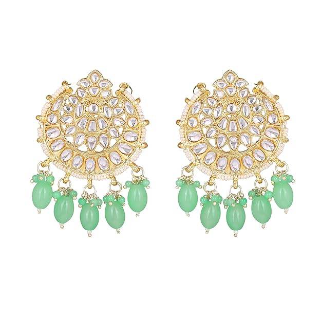 Estele Gold Plated Beautiful Gehena Drop Earrings With Mint Green Beads For Women : PJ-010-IGMGER