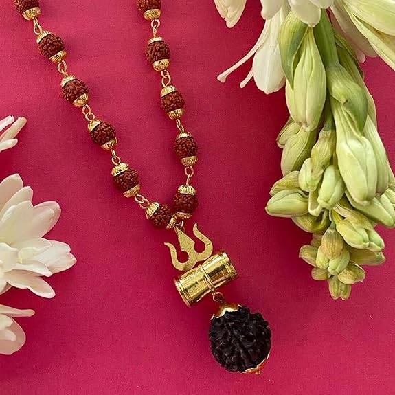 Trishul & Damru Pendant With Rudraksha Mala Gold-Tone Spiritual Necklace For Men : OSAK056-IGBRNPENDANT