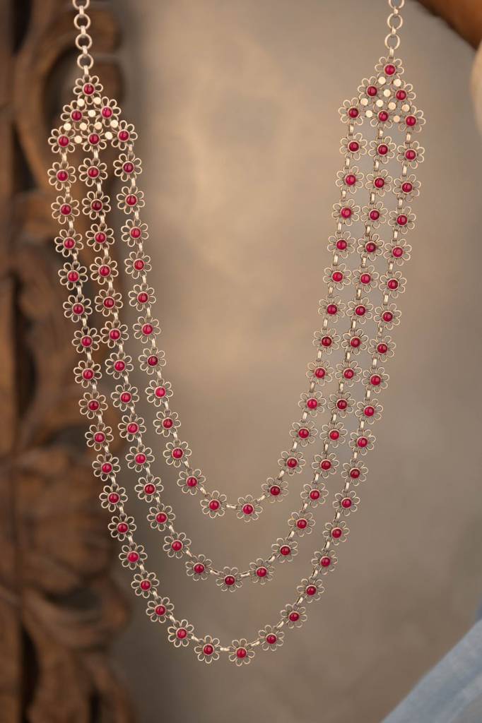 Tattva Carved Flower Three Layered Necklace : SN115466