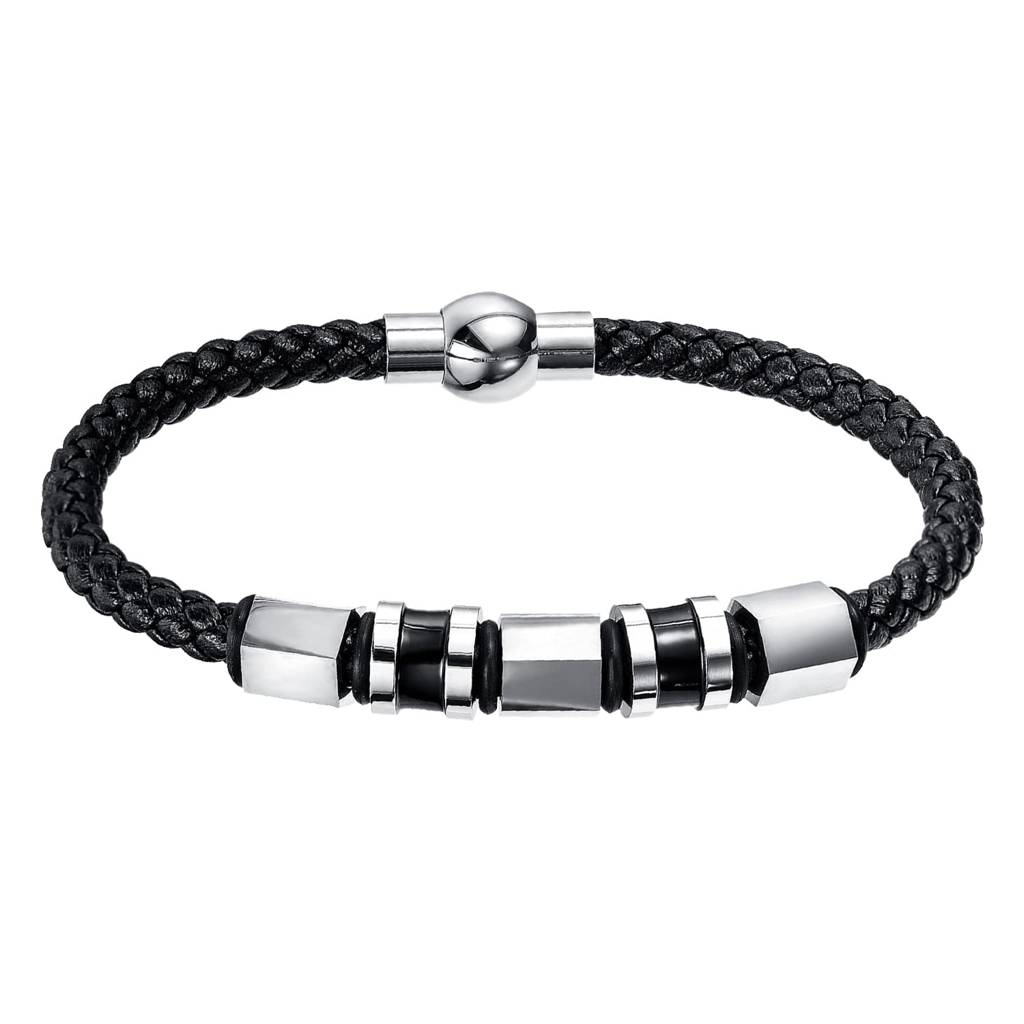 Black Leather Bracelet Silver Plated Stainless Steel Metal Stylish Design Fashion Jewellery For Men & Boys (Px9Lb44) : PX9LB44
