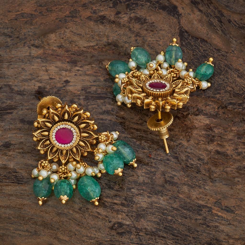 Kushal'S Fashion Jewellery Ruby-Green Gold-Plated Ethnic Antique Earring Studs-176921 : 424211