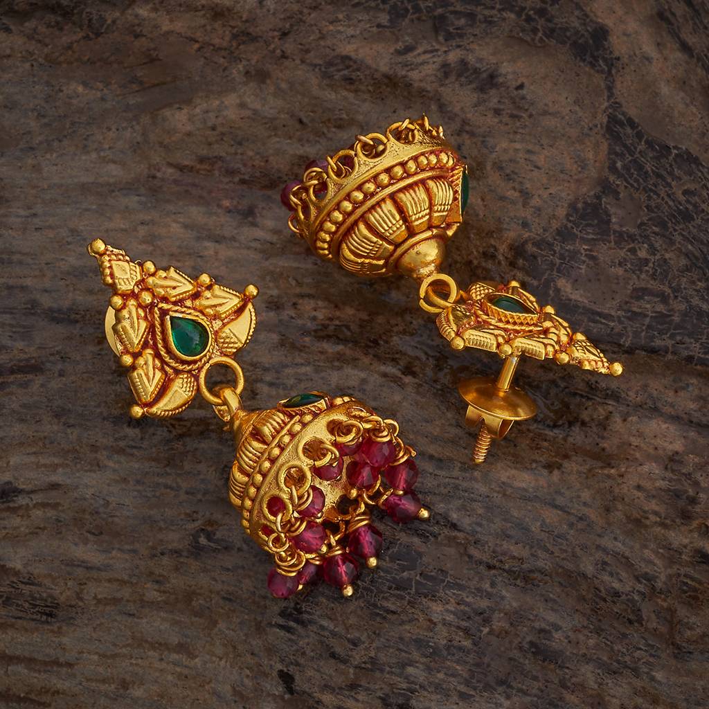 Kushal'S Fashion Jewellery Ruby-Green Gold-Plated Ethnic 92.5 Pure Silver Temple Jhumkas-174159 : 417982