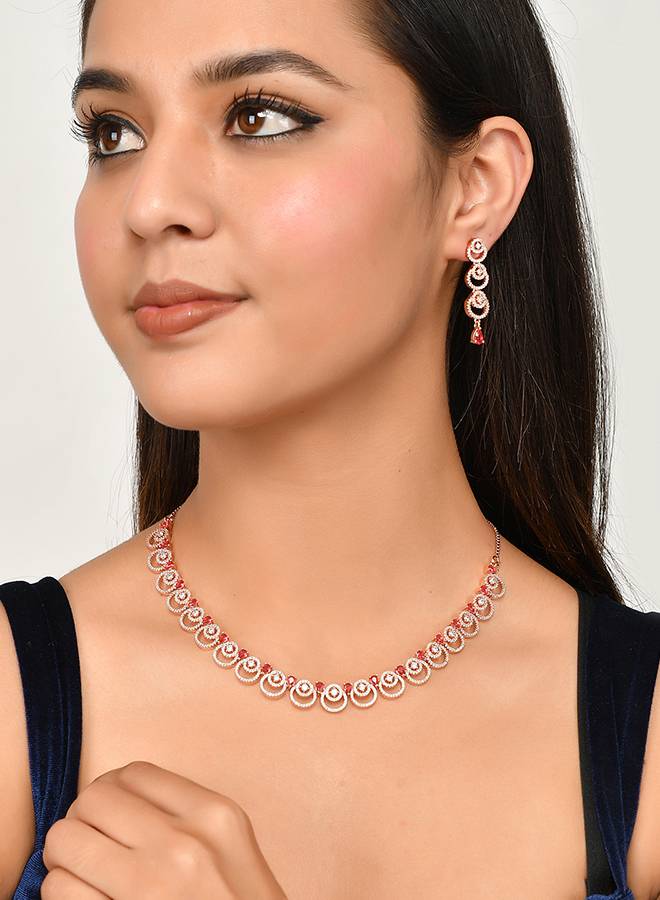 Cz Elegance Rose Plated Necklace Set : 8905124477818
