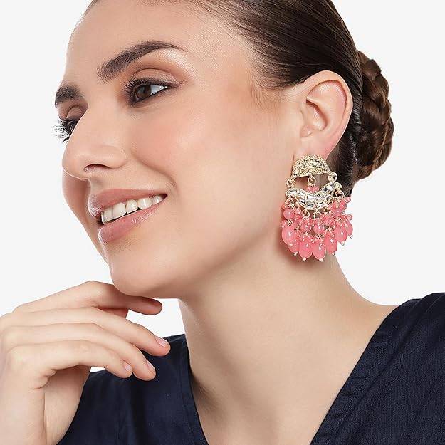Estele Gold Plated Elegant Designer Gehena Drop Earrings With Mint Pink Beads For Women : PJ-012-IGMPER