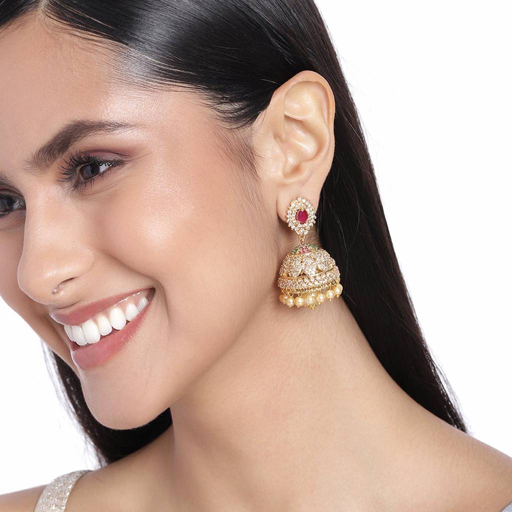 Estele Gold Plated Cz Enchanting Designer Jhumka Earrings With Pearls For Women : AD-113713-IGER