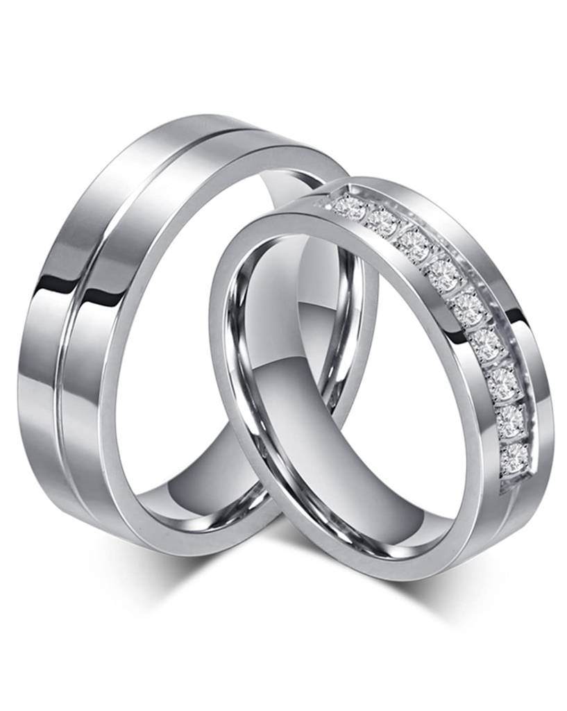 Silver Plated Crystal Promise Wedding Band Set Anniversary Engagement Couple Rings Gift For Lovers : PFCCR46