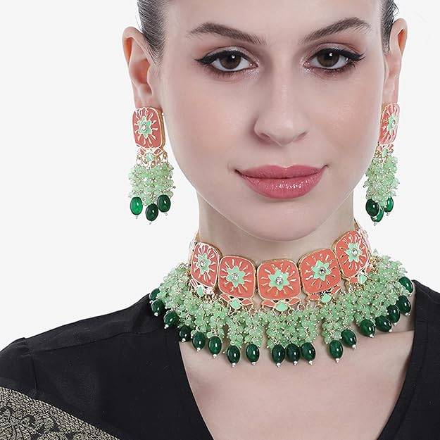 Estele Gold Plated Beautiful Gehena Choker Necklace Set Mint Green Beads For Women : PJ-032-IGMGGNNKER