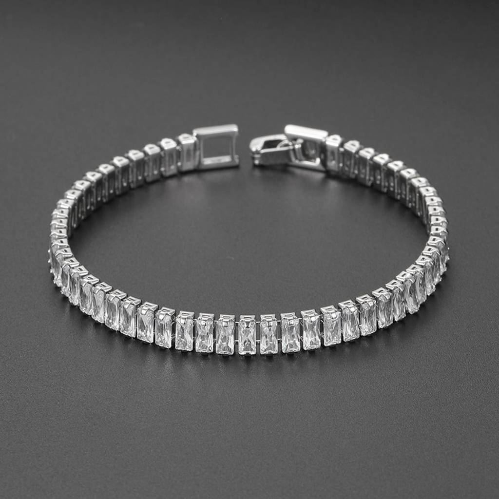 Silver Plated Baguette Stone Studded Tennis Bracelet Stylish Fashion Jewellery For Women & Girls : PX8B74