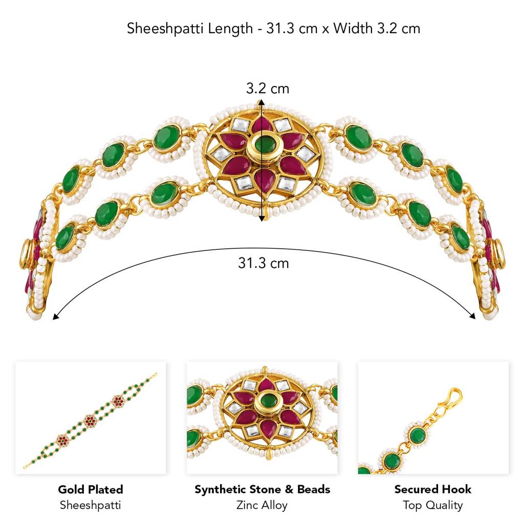 Gold Plated Rani Pink Green Synthetic Stone & Beads Studded Sheeshphool Matha Patti Sheeshpatti Hair Ethnic Jewe : PF104T05RPG