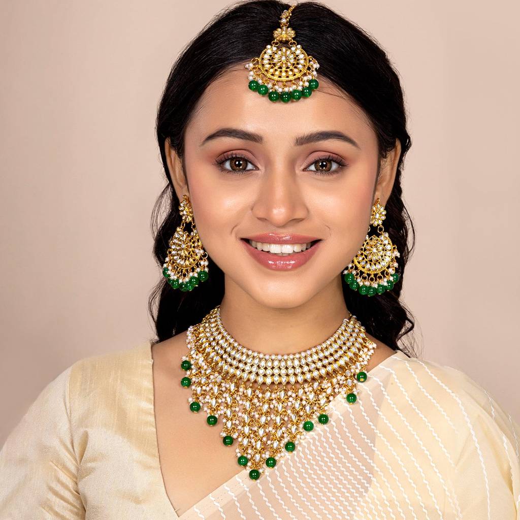 Traditional Kundan & Pearl Drop Bridal Dulhan Necklace Earring With Maang Tikka Jewellery Set For Women Girls-Pf2 : PF25N1177G