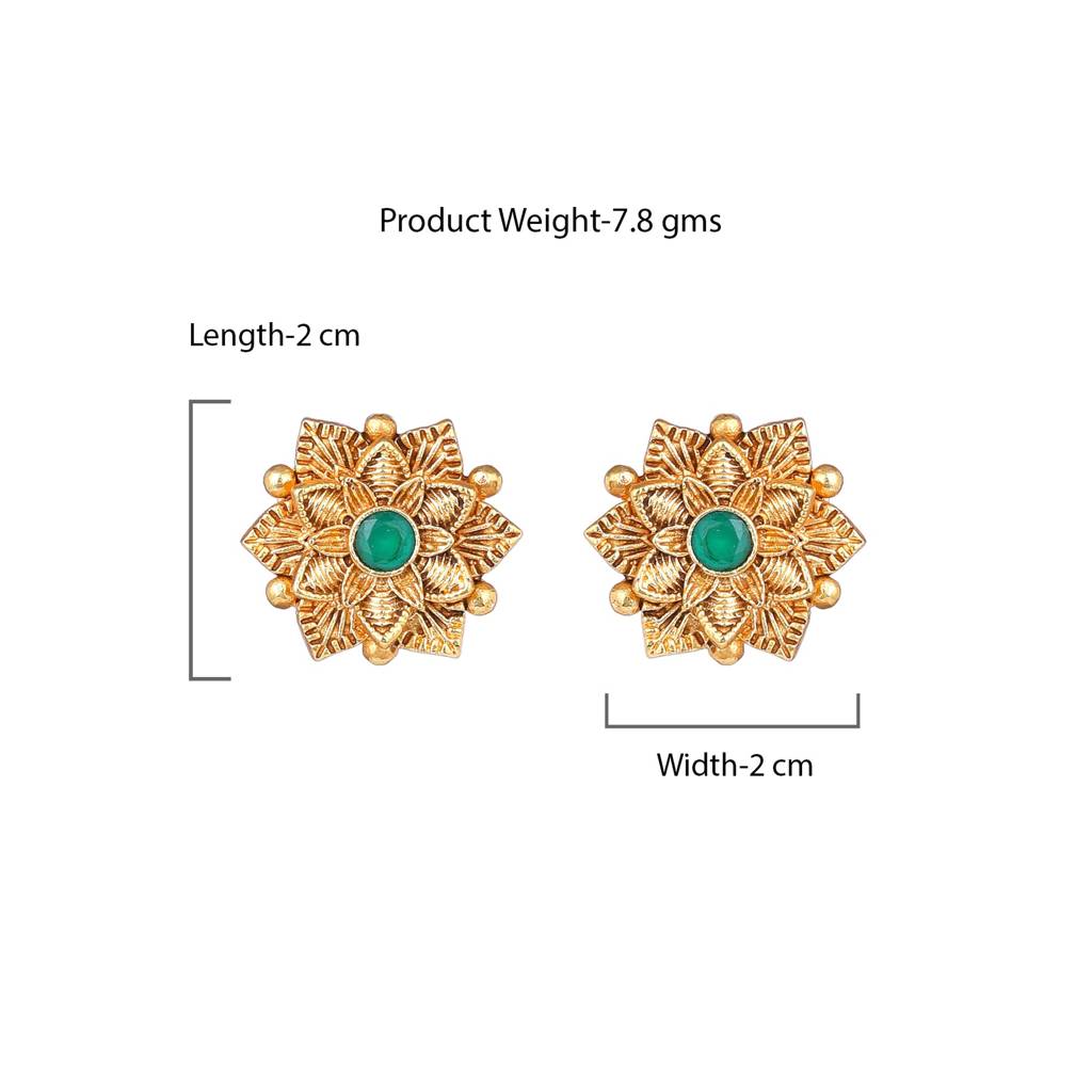 Estele Gold Plated Flower Designer Matte Finish Stud Earrings With Green Crystals For Women : AD-116715-IGGNER