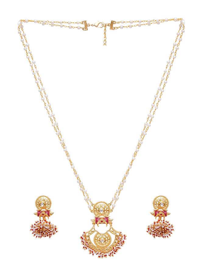 Festive Hues Cluster Setting Faux Pearls Gold Plated Brass Enamelled Jewellery Set : 8905124466454