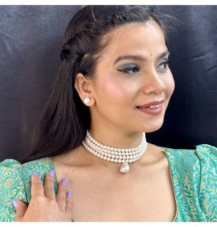 Sri Jagdamba Pearls Iha 4 Lines Round Pearl Choker Set : JPDEC-23-004