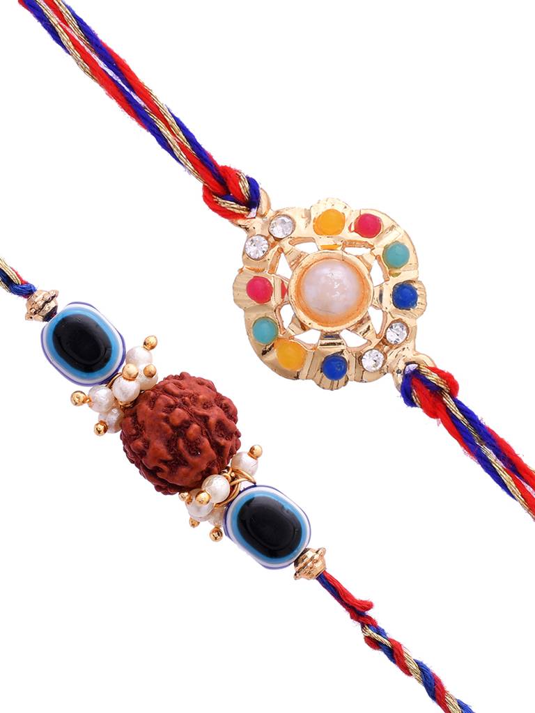 Set Of 2 Colorful Stones Studded Graceful Rakhi And Pearl Beaded Rakhi Embellished With Rudraksh : 8905124462043