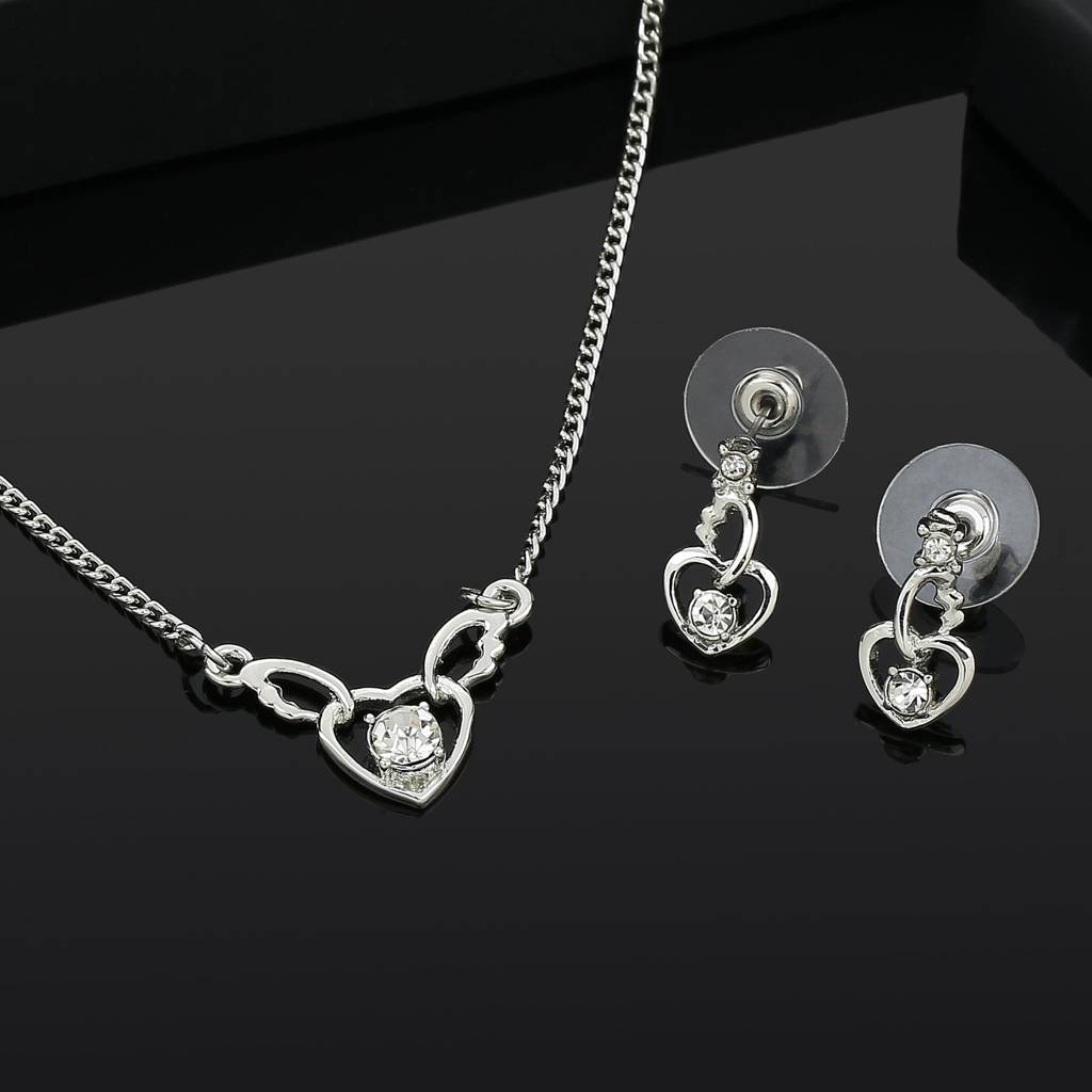 Estele Rhodium Plated Heart With Wings Shaped Pendant Set With Crystals For Women : 9299NKER